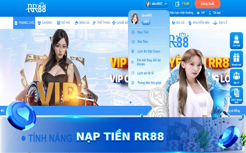 Đăng nhập tài khoản rồi chọn Nạp tiền RR88 